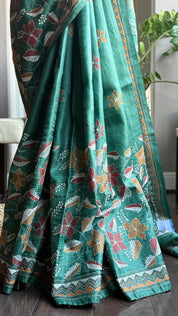 Pure Tussar Silk Kantha Stitch -  Dark Green Multi Color