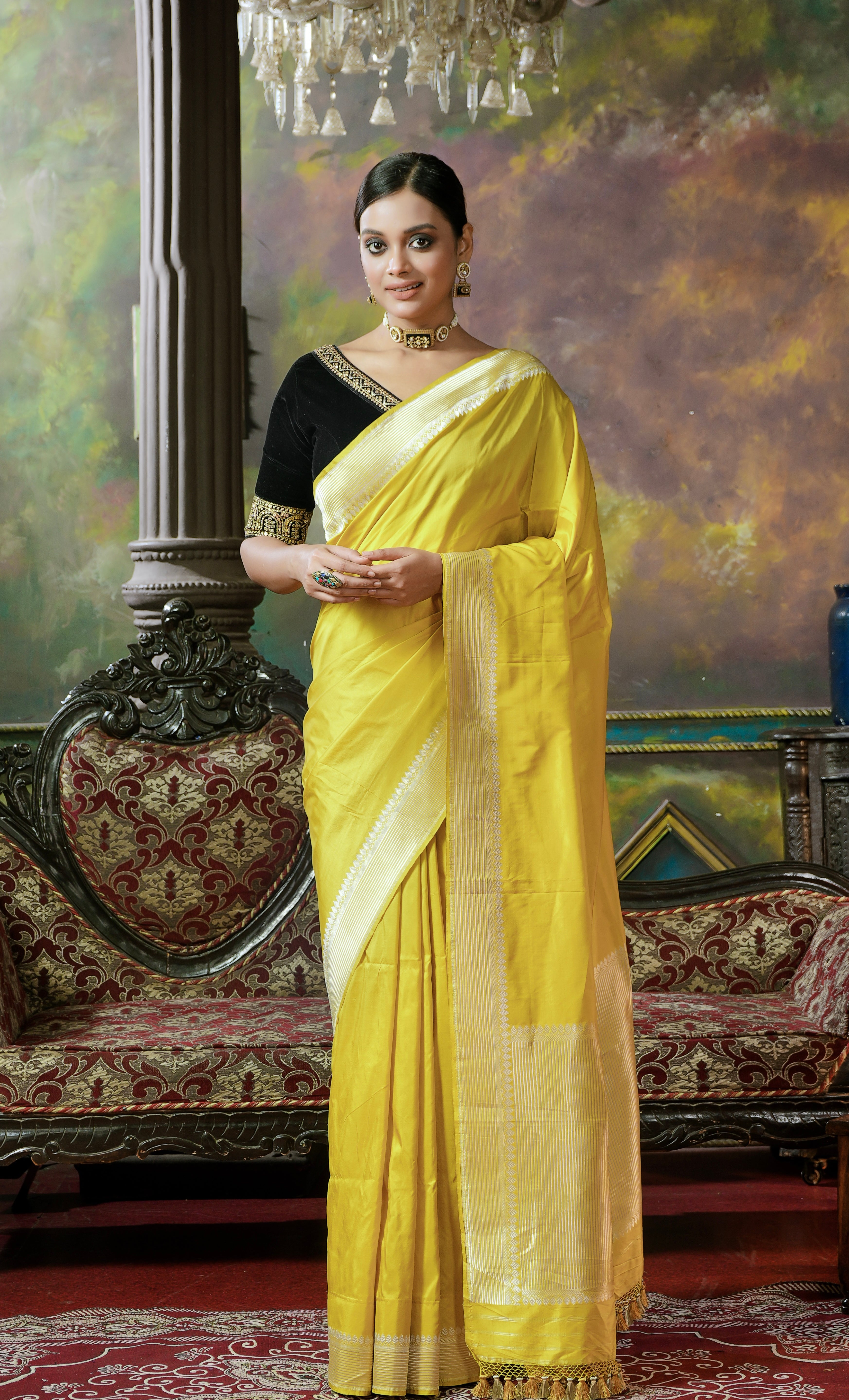 Pure Katan Silk Kadhua Banarasi - Lemon Ochre Yellow