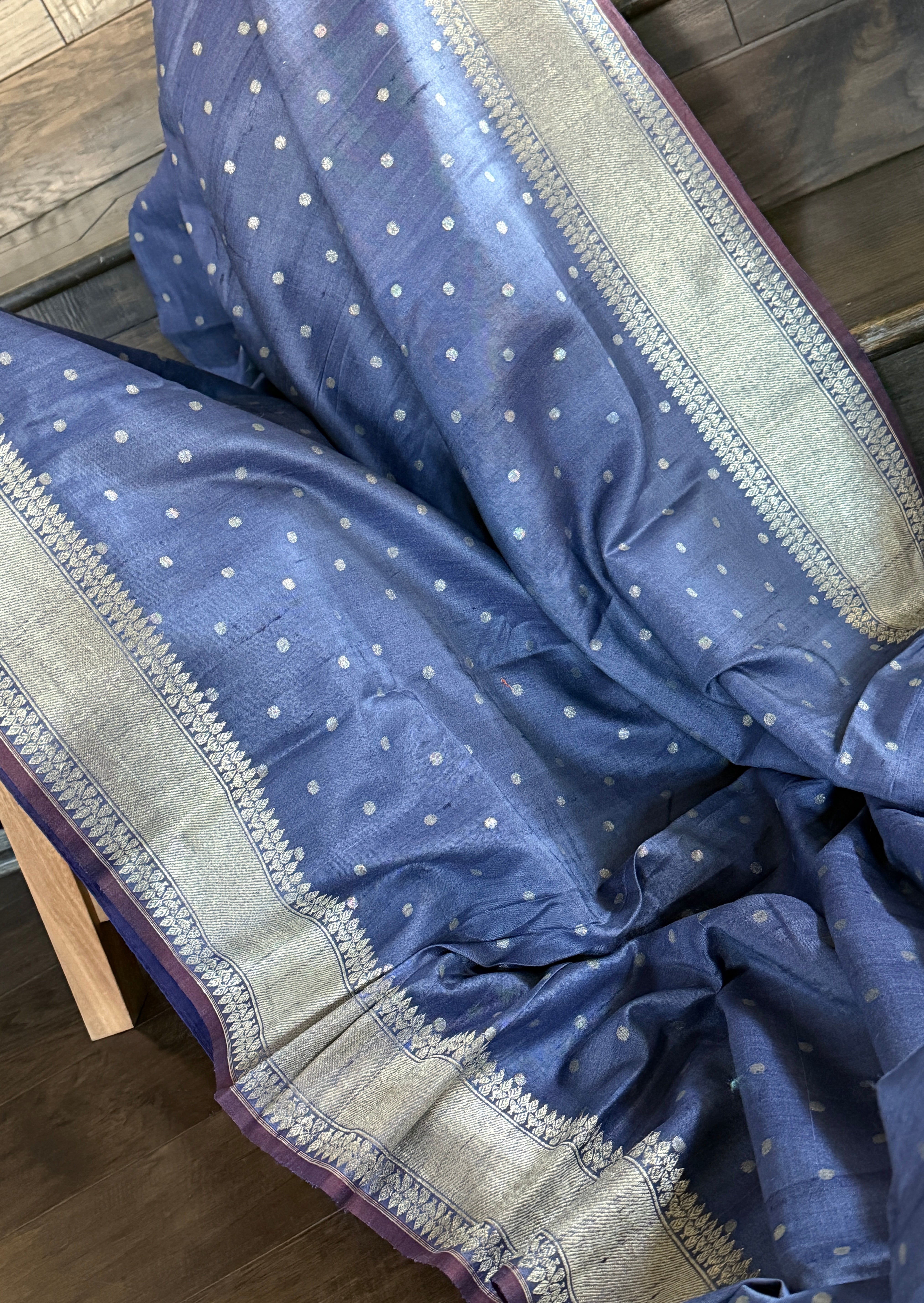 Tussar Silk Banarasi - Grey Blue Antique Zari