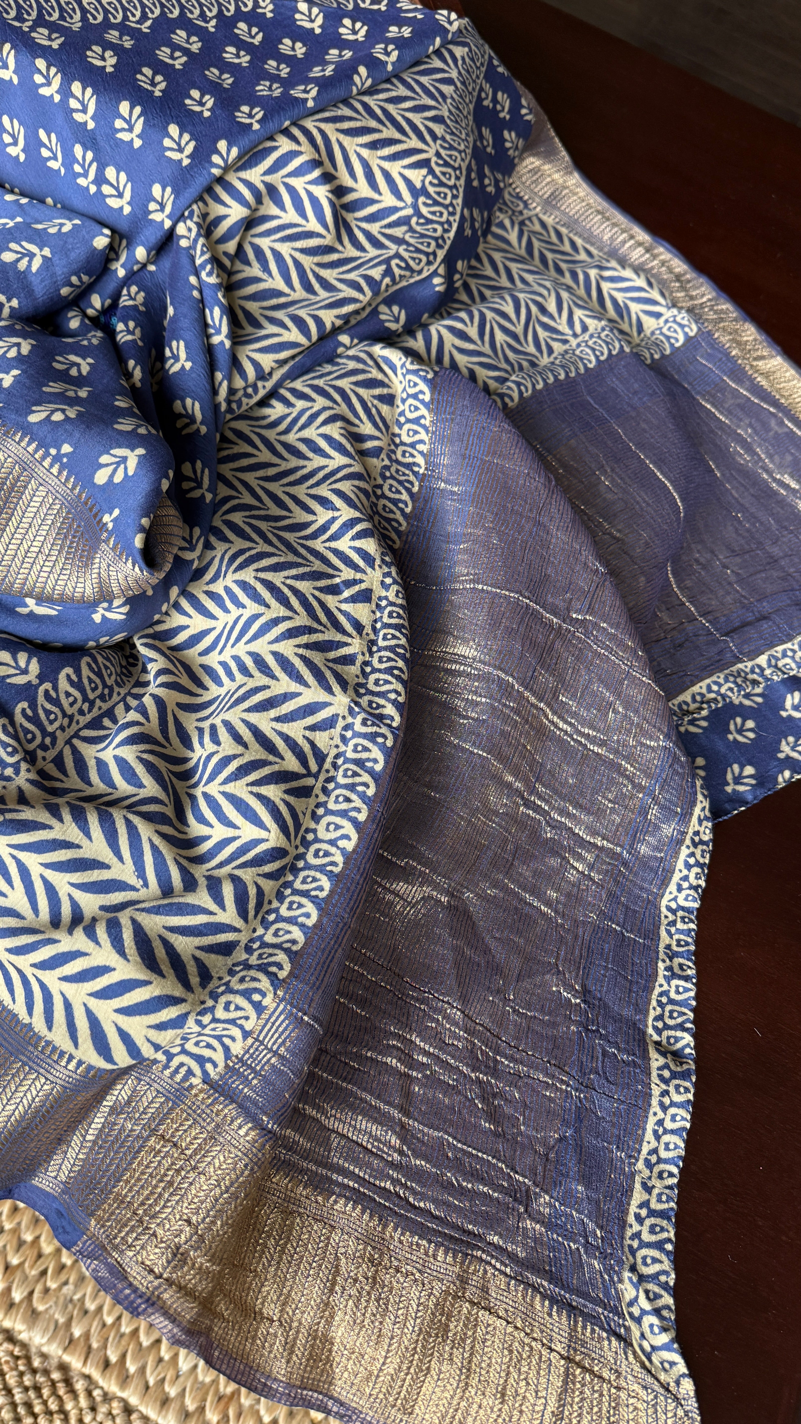 Printed Muga Cotton Silk Banaras  - Blue Paisley