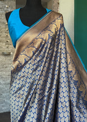 Brocade Pure Silk Banarasi - Blue Antique Golden Zari