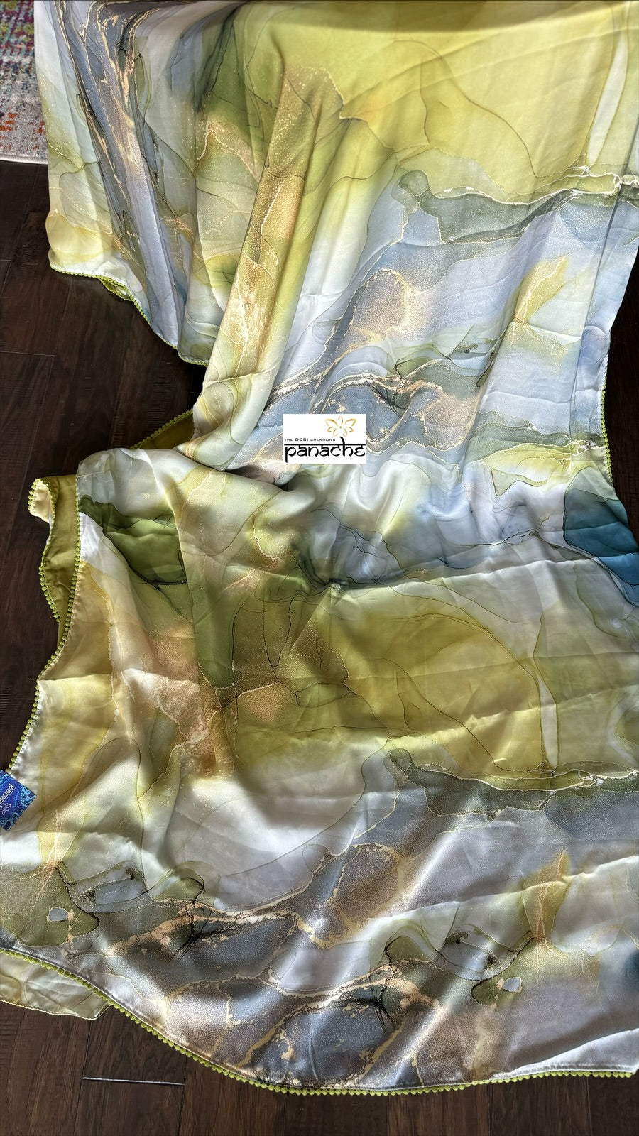 Designer Satin Silk - Green Marble Print