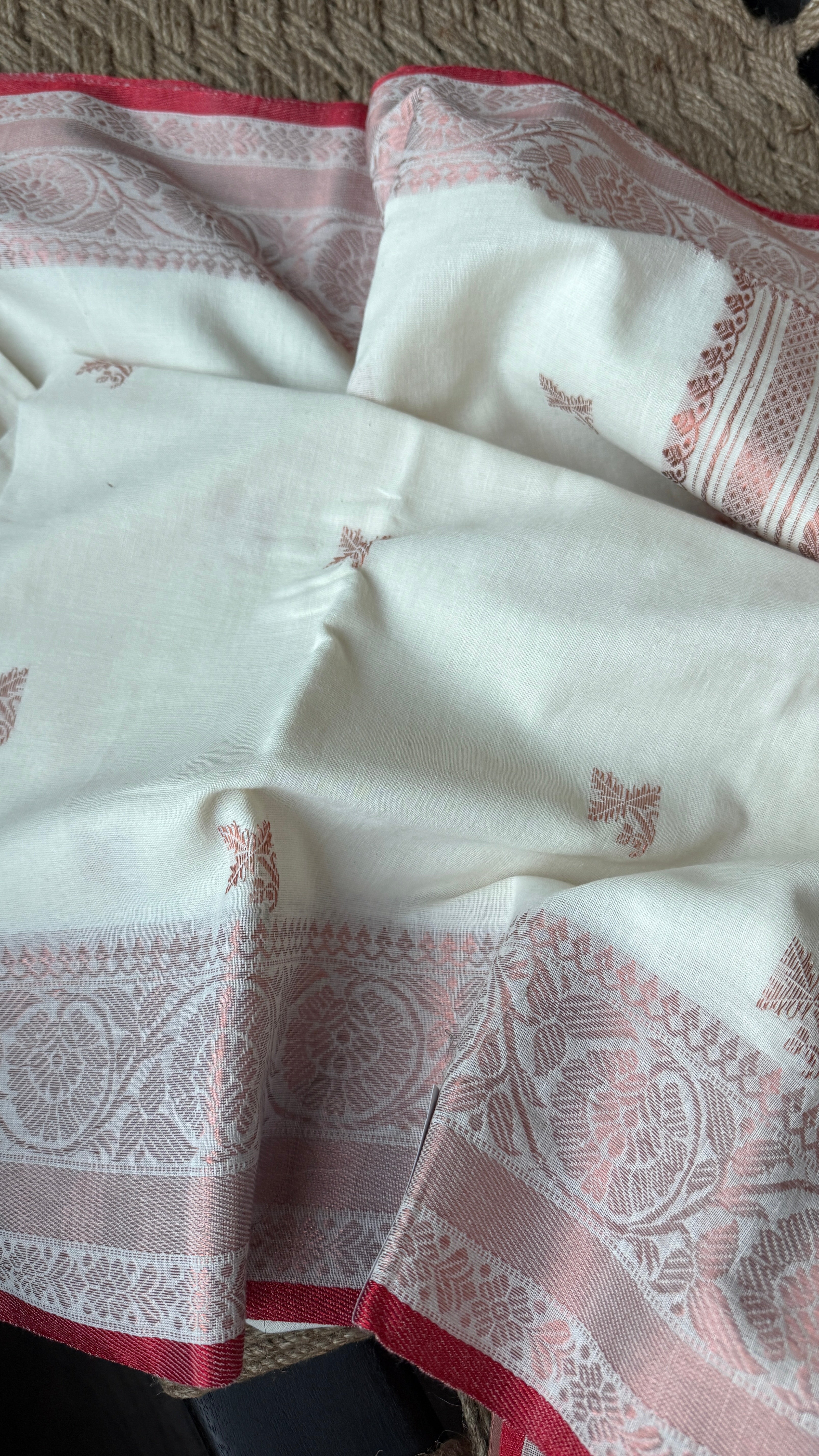 Pure Khadi Cotton Handloom - Off White Red Copper Zari