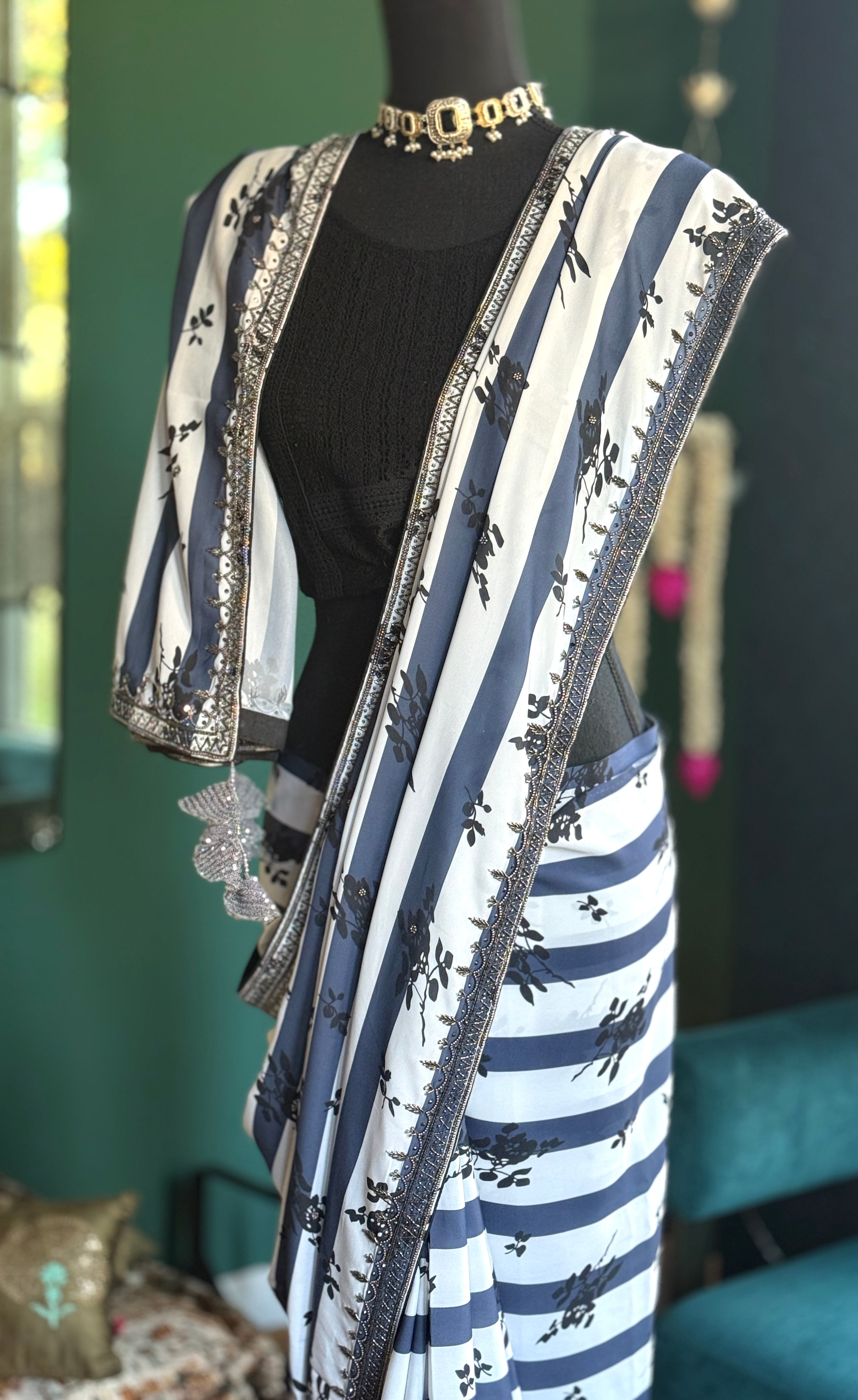 Designer Georgette- White Blue Black