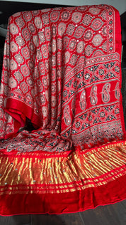 Gaji Silk Ajrakh - Red Mirror Work