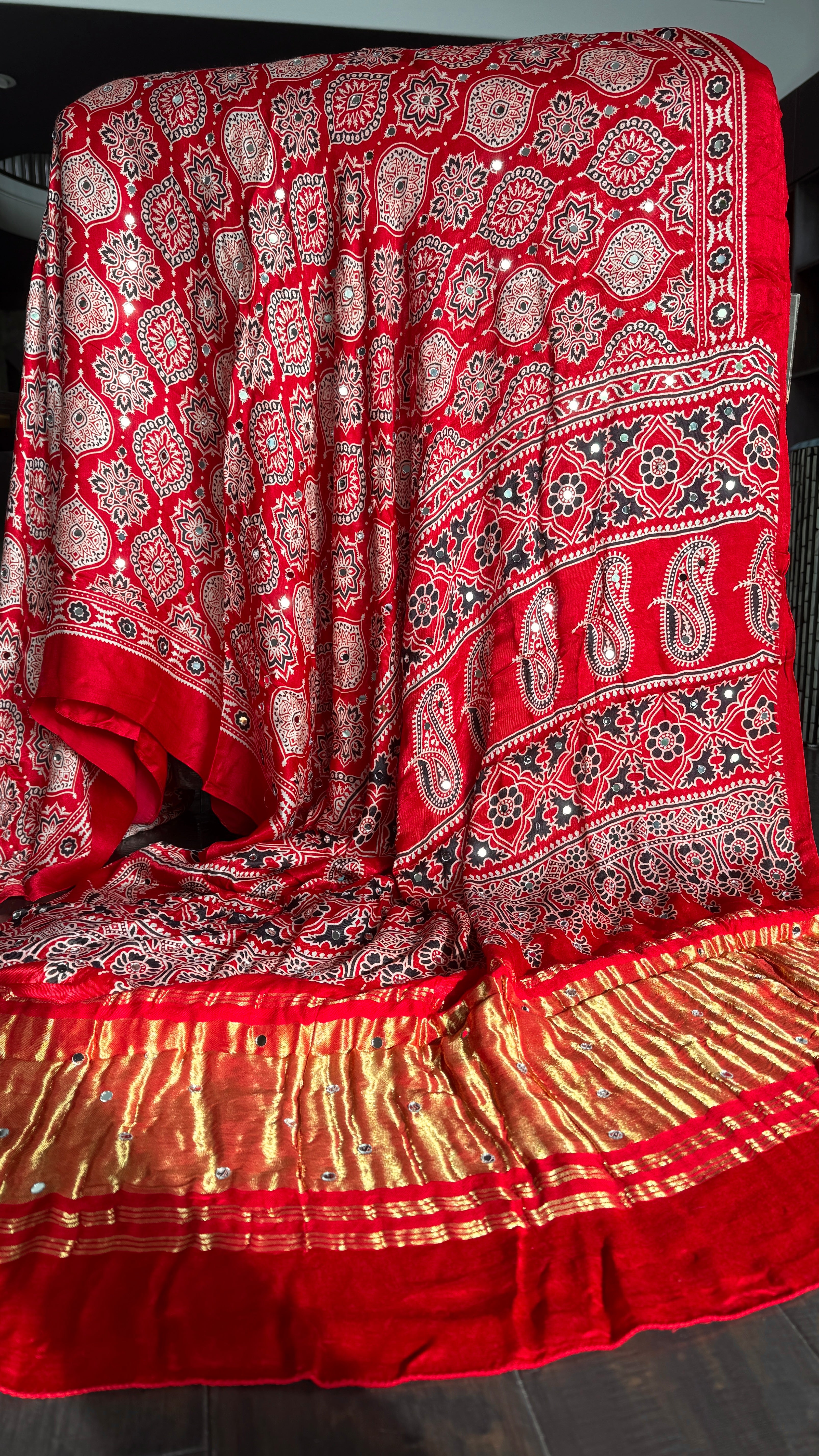 Gaji Silk Ajrakh - Red Mirror Work