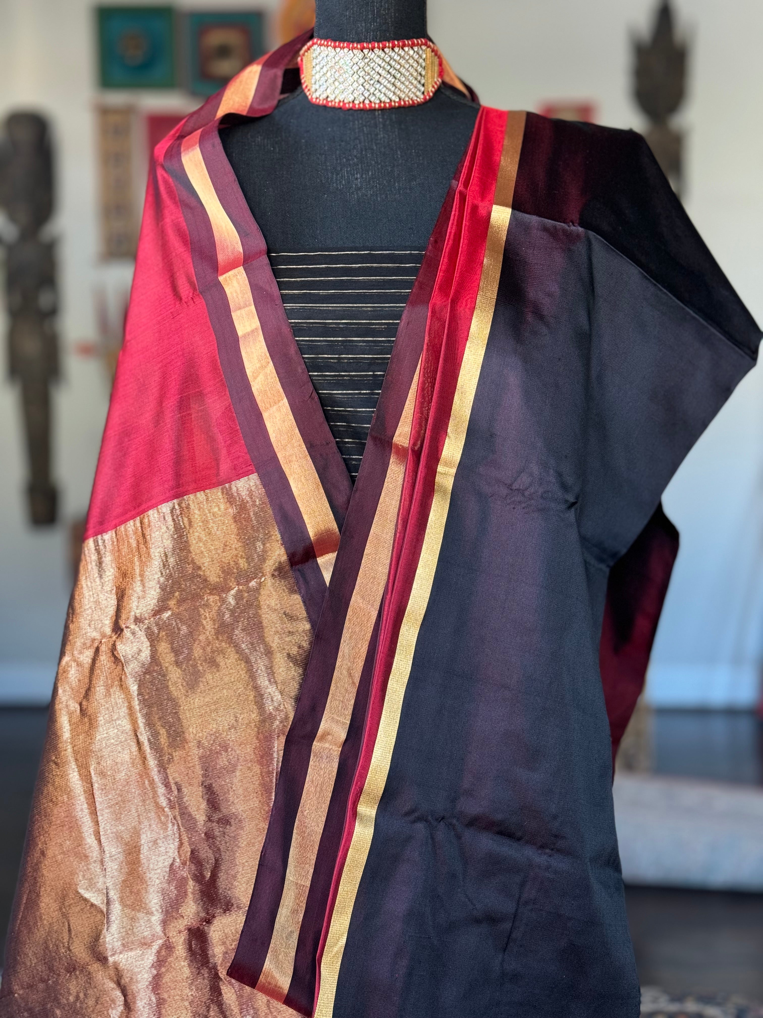 Pure Chanderi Pattu Mashru Silk - Red Black Gold Zari Striped woven