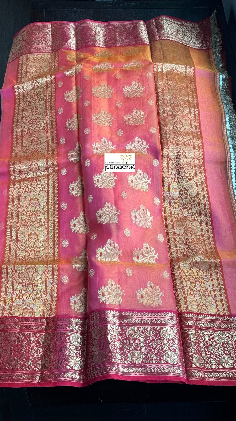 Chanderi Organza Silk - Pink Orange Dual shaded