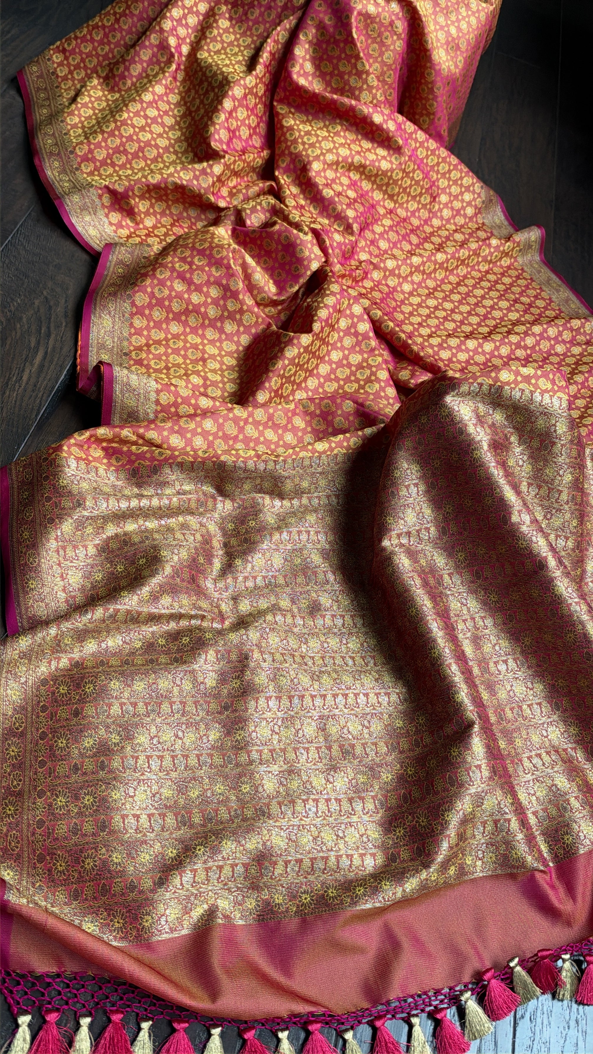 Soft Silk Banarasi - Pink yellow Dual Shaded Woven