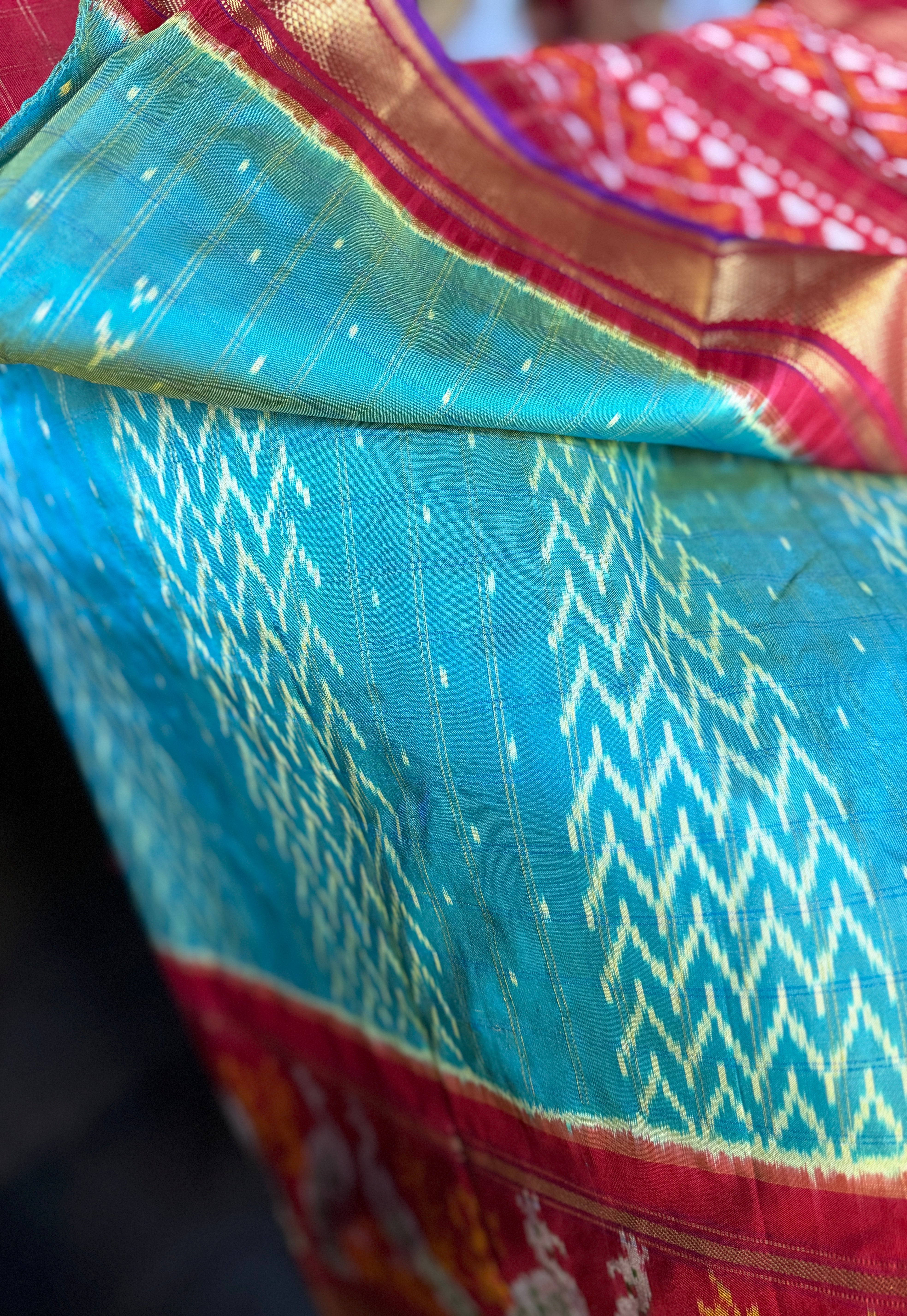 Pure Silk Ikat - Sea Green Firozi Red Purple Pochampally