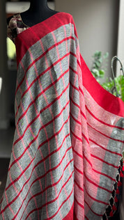 Linen Jamdaani - Grey Red Woven