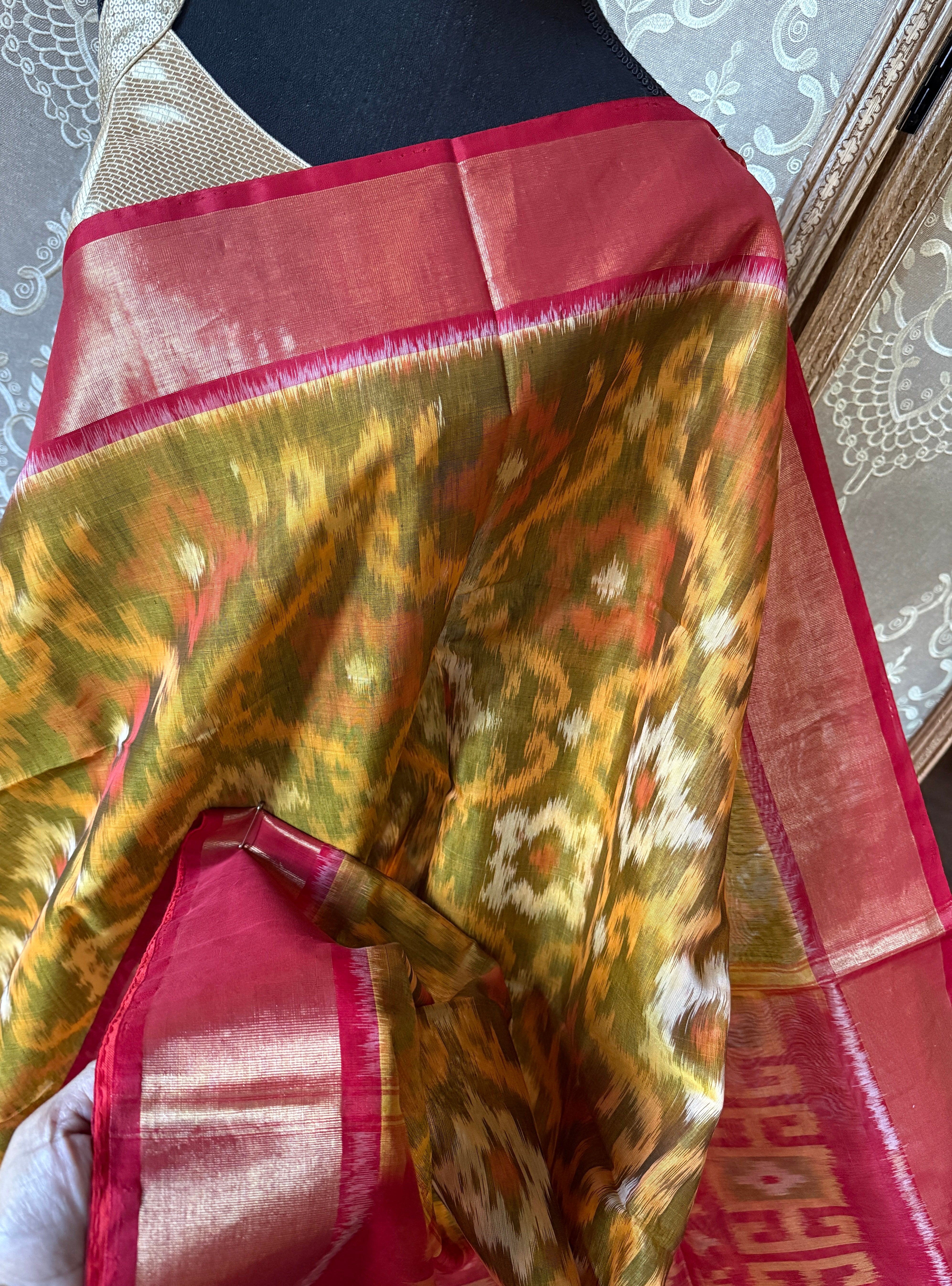 Pure Cotton Silk Ikat - Yellow Red