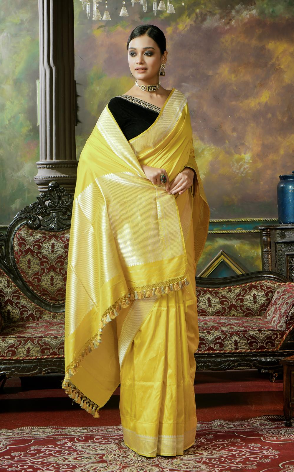 Pure Katan Silk Kadhua Banarasi - Lemon Ochre Yellow