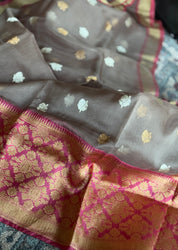 Pure Kora by Katan Silk Kadwa Banarasi - Light Grey Mauve Antique Zari