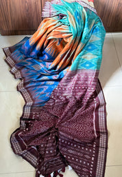 Gopalpur Tussar Silk Ikat - Sea green Plum Orange