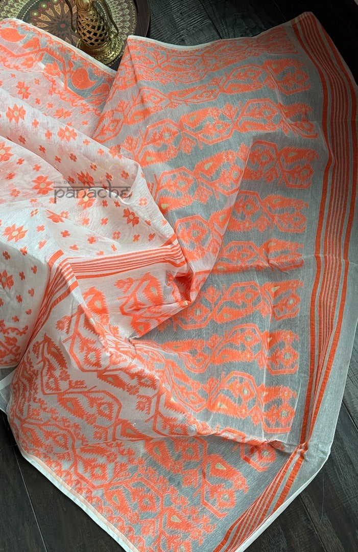 Jamdaani - White Orange Zari Woven