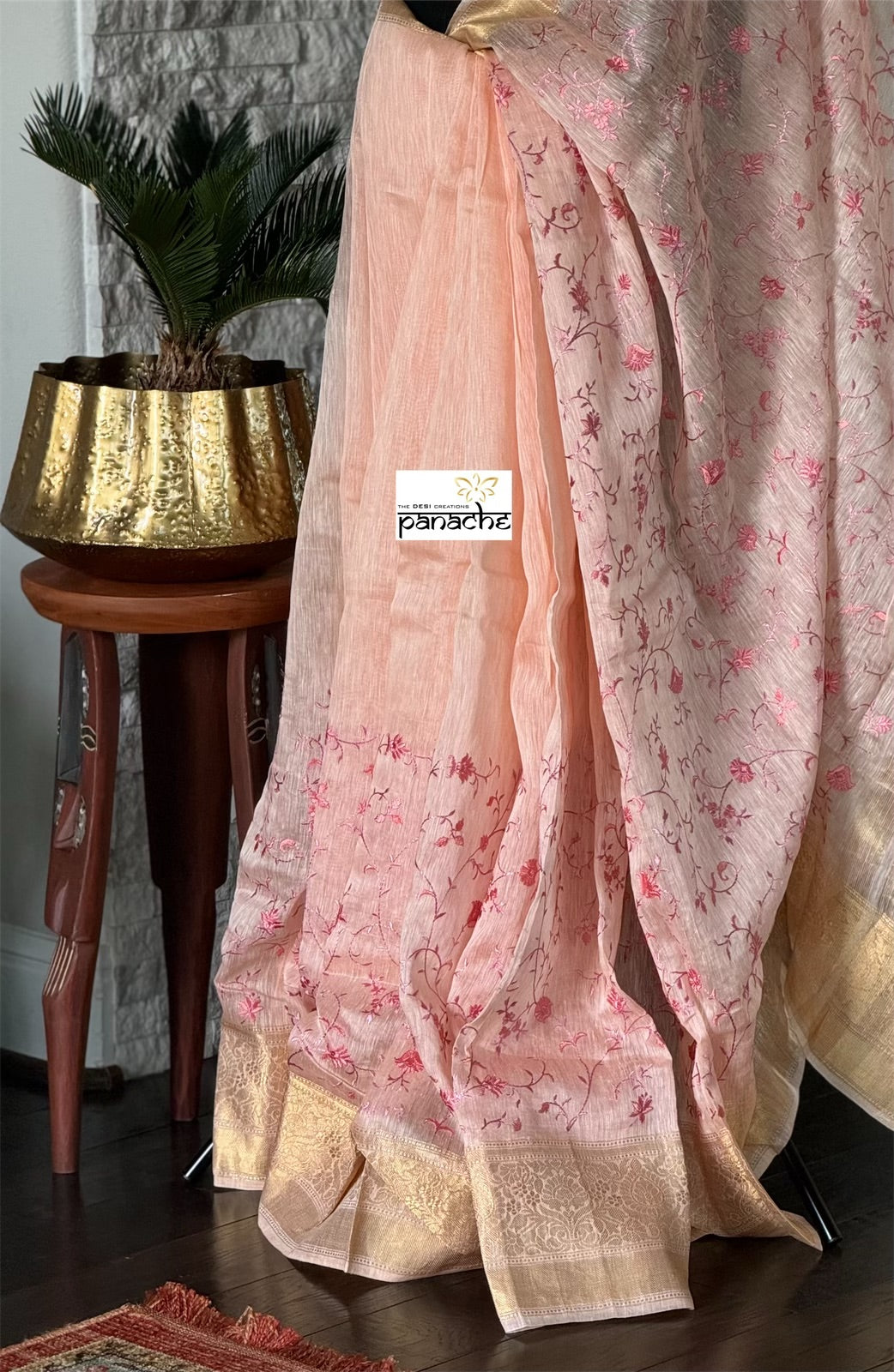 Embroidered Linen Silk - Light Peach Pink