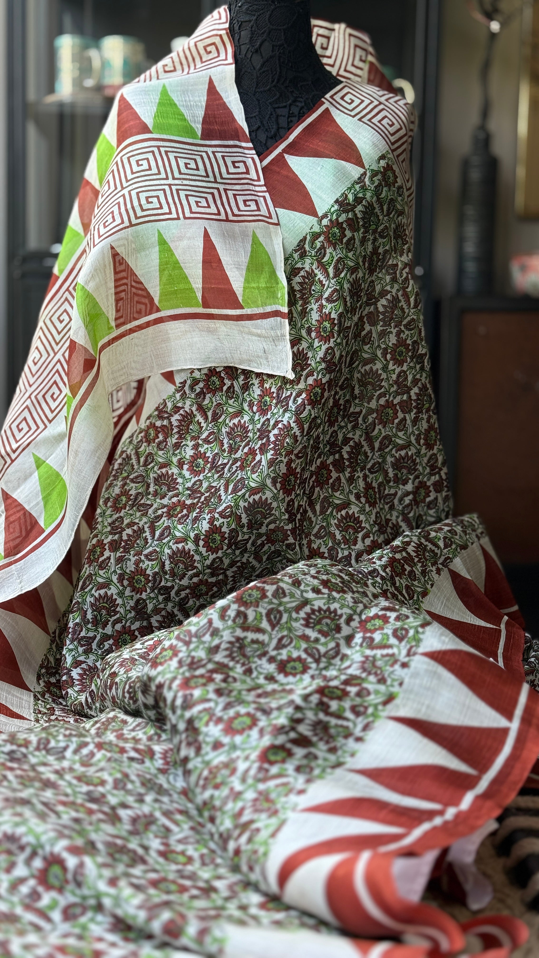Pure Murshidabad Silk - Green Brown Off White Temple Border Printed