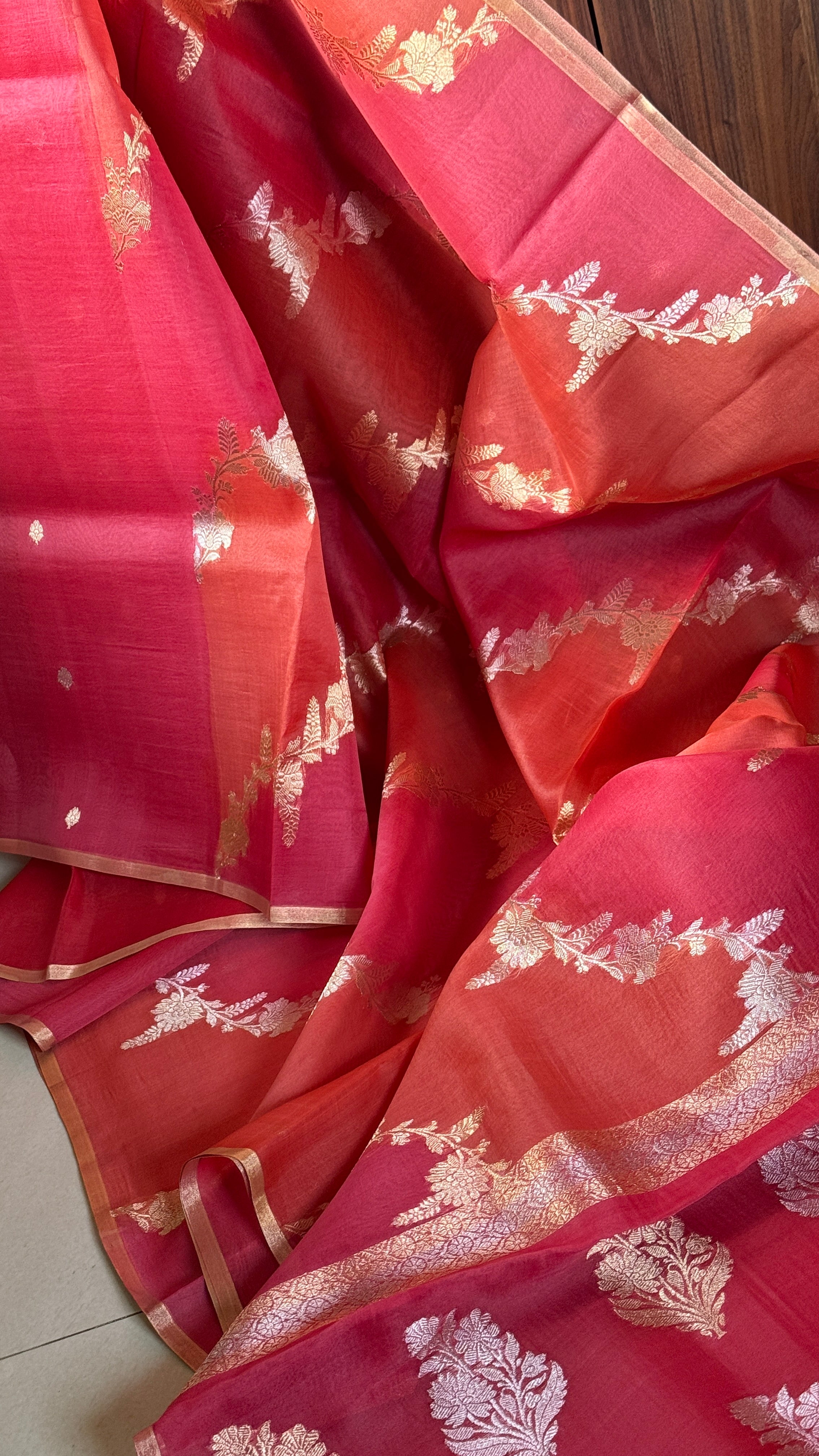 Kora Silk Leheriya Banarsi - Pink Orange Shaded