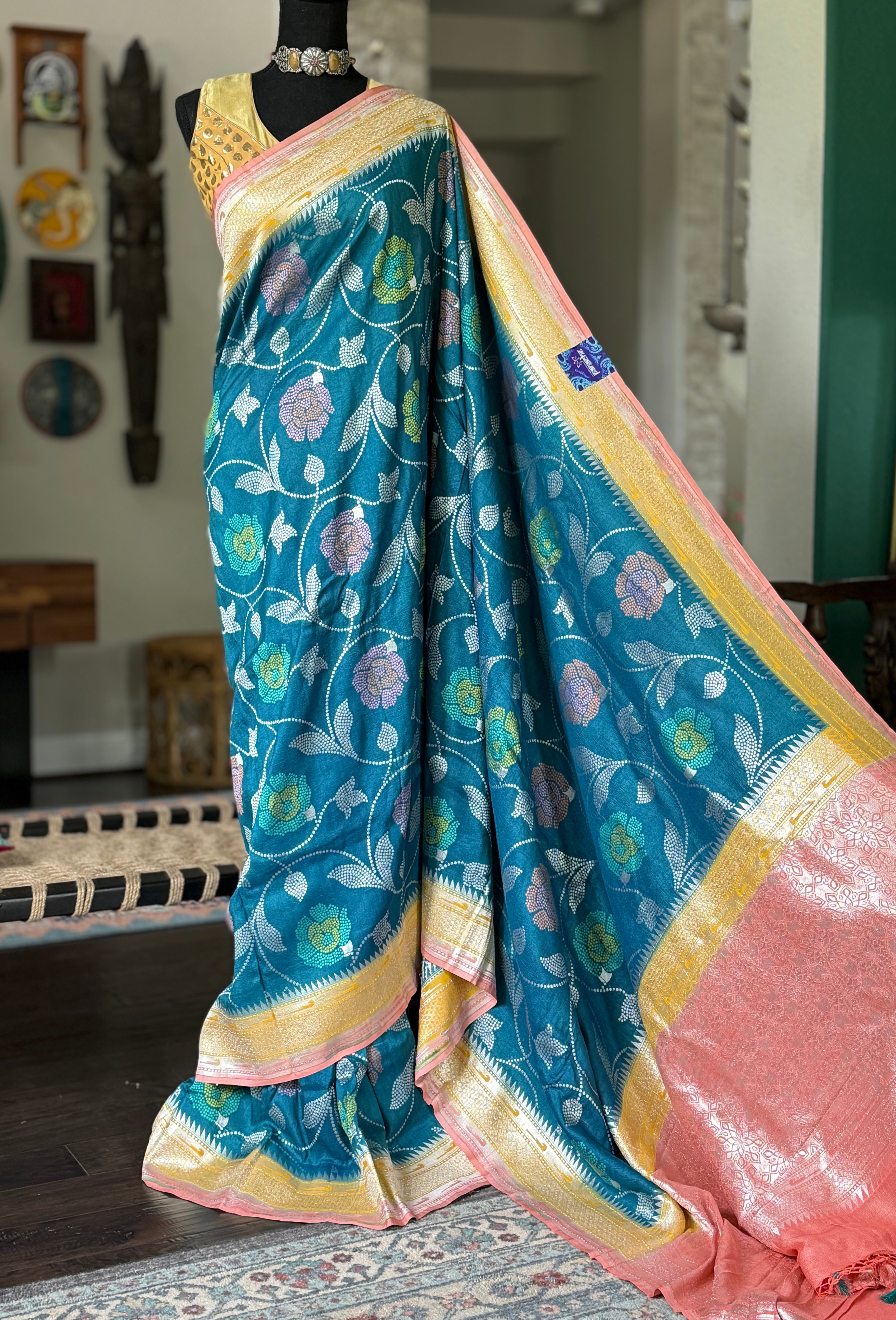 Khaddi Tussar Paithani Banarasi -  Teal Blue Multi Meenakari