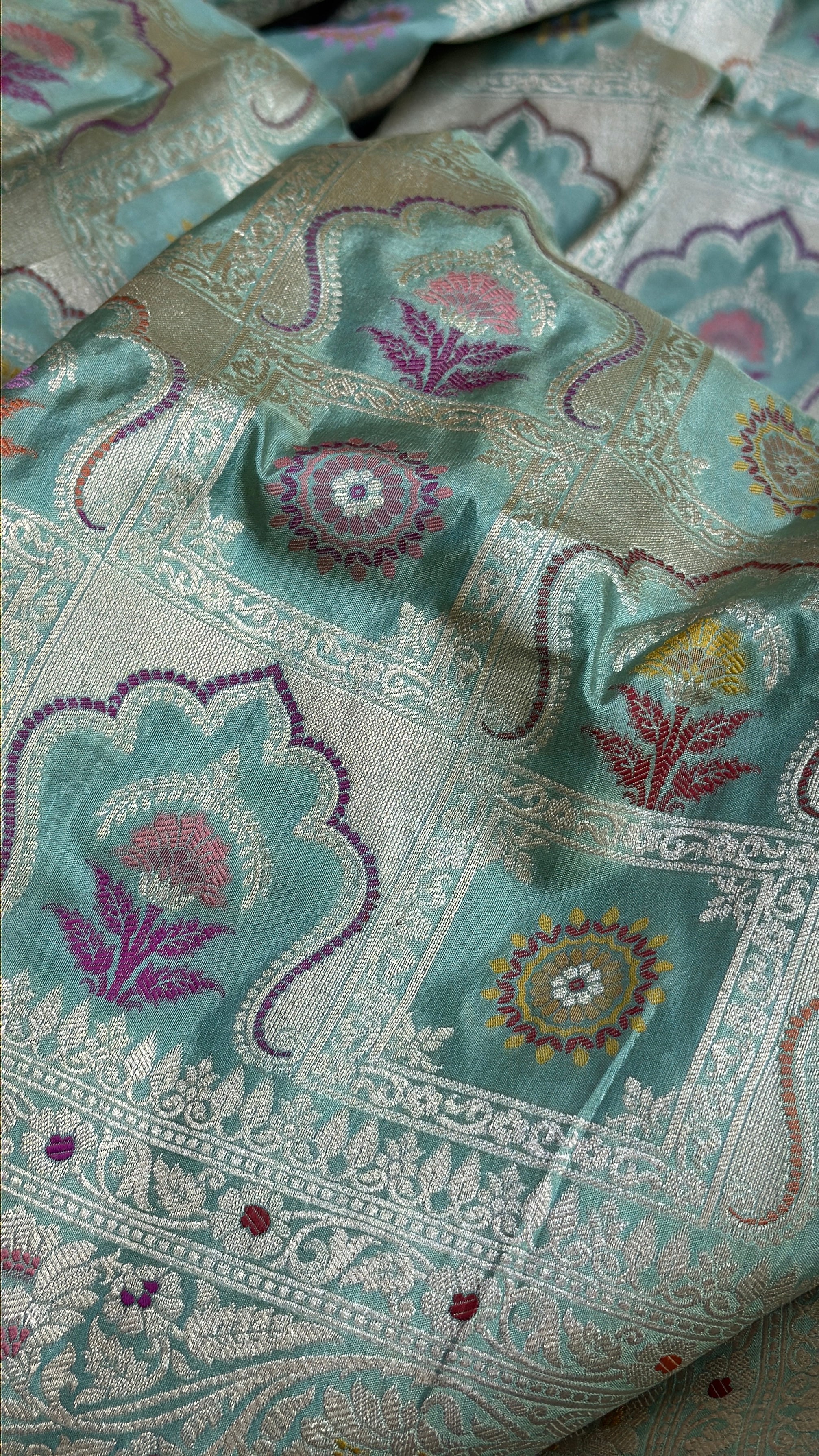 Pure Katan Silk Banarasi - Aqua Blue Multi Meenakari