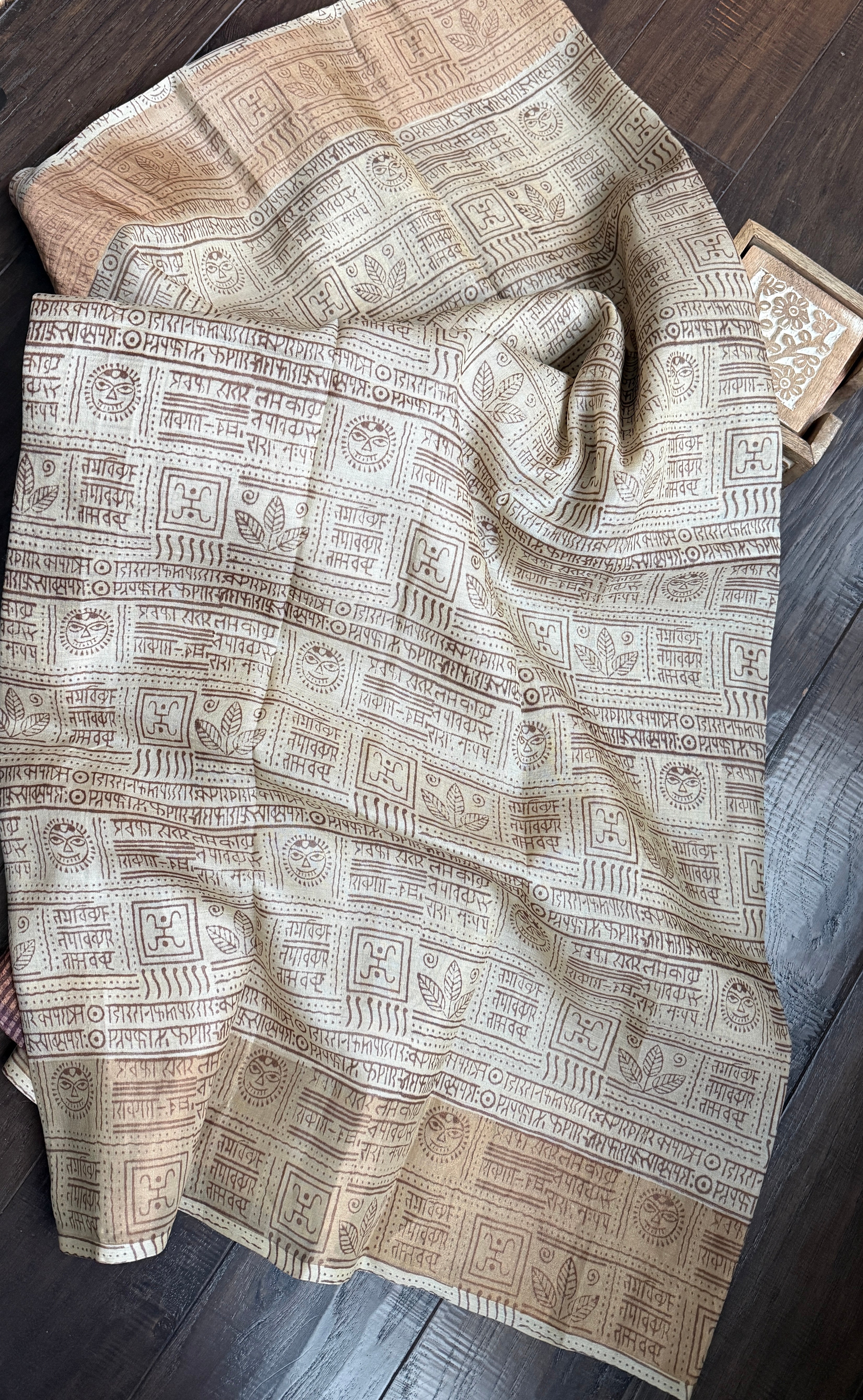 Pure Tussar Silk Script Printed -  Tan Beige Brown