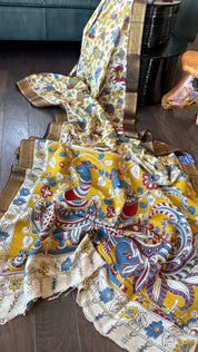 Chinori Silk Kalamkari  - Dusty White Yellow Kalamkari