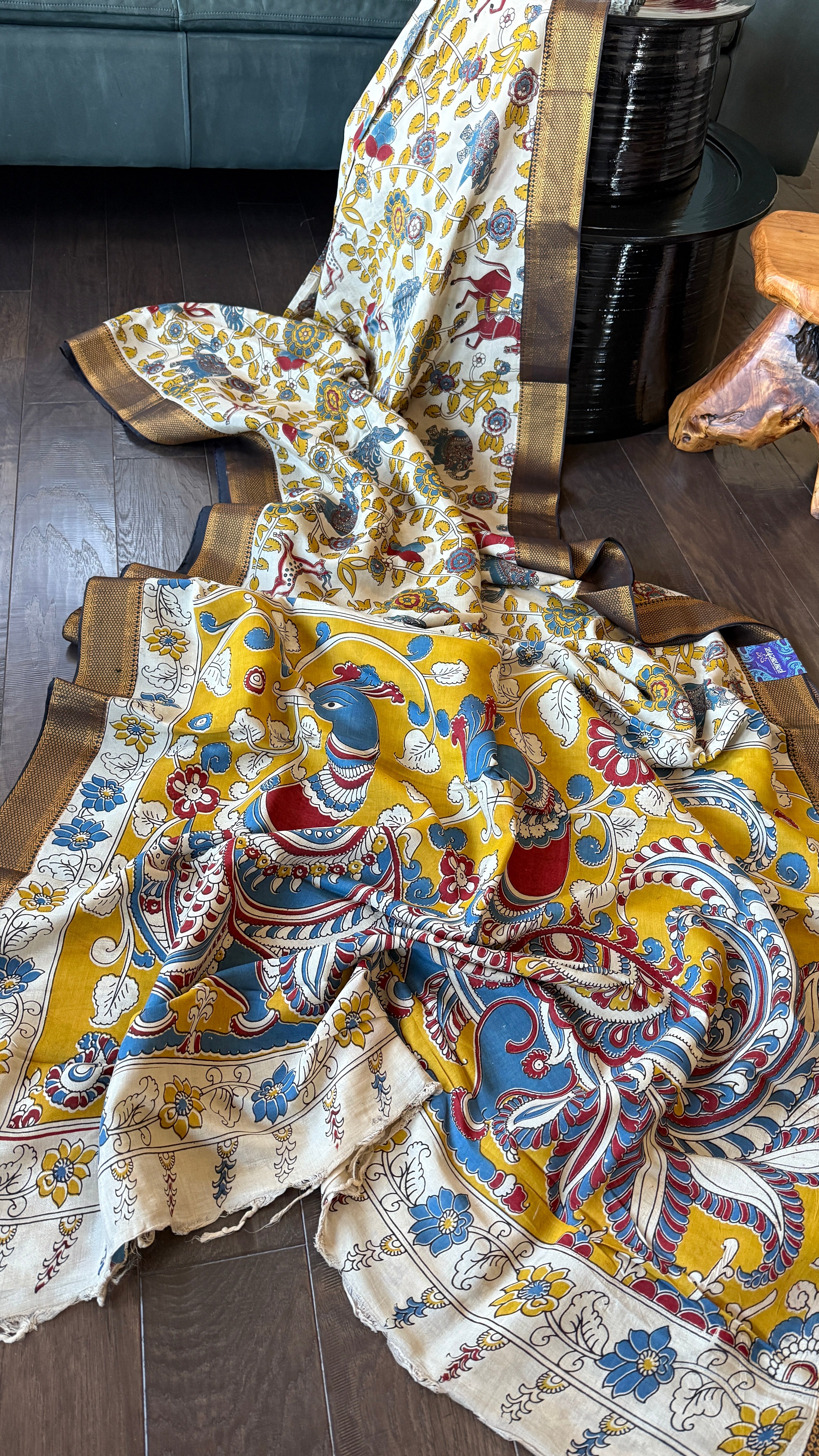 Chinori Silk Kalamkari  - Dusty White Yellow Kalamkari