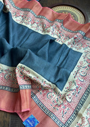 Pure Tussar Silk - Slate Grey Mahabharata depiction