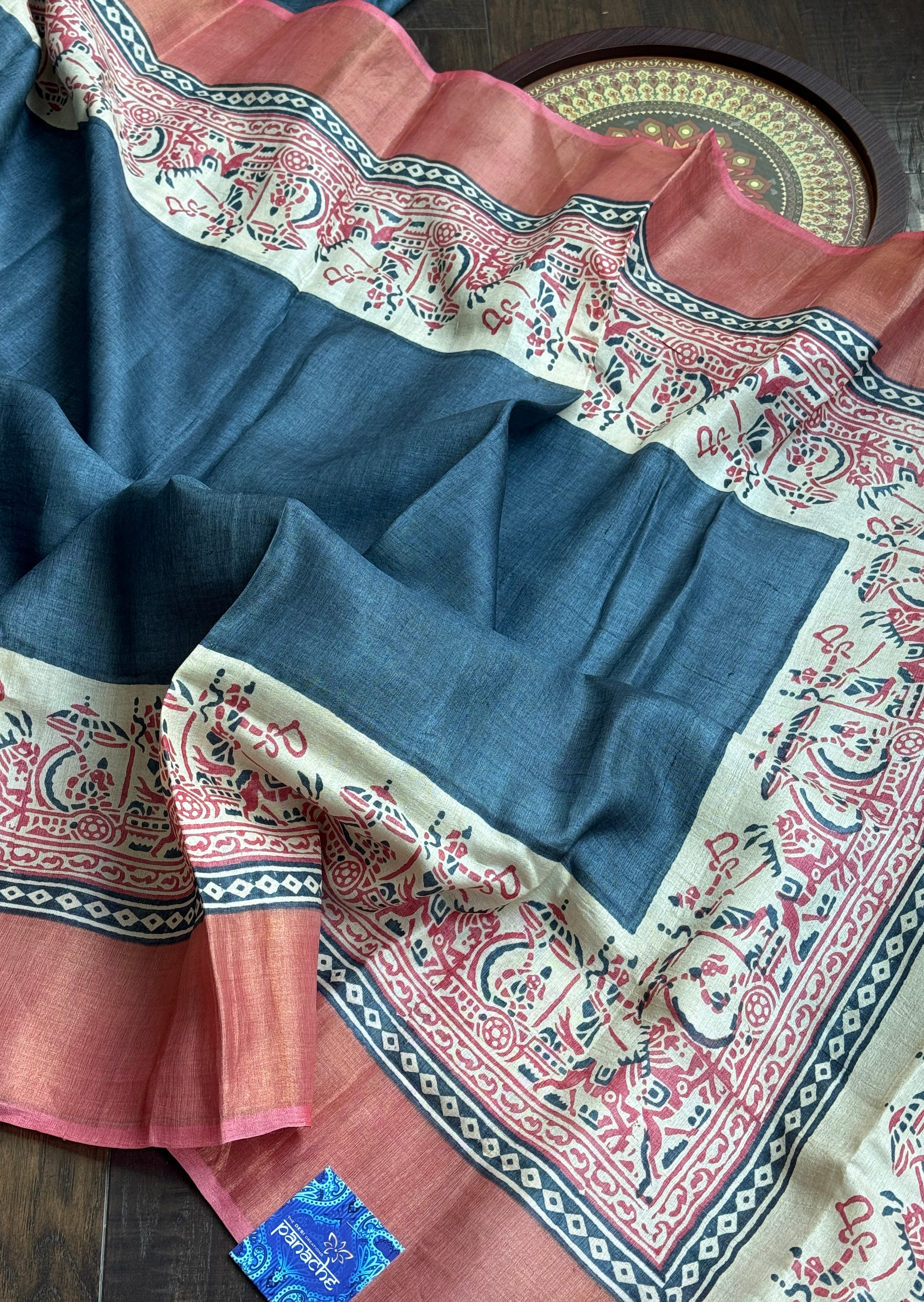 Pure Tussar Silk - Slate Grey Mahabharata depiction