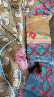 Tussar Silk Pen Kalamkari - Brown Hand Kutch Embroidered