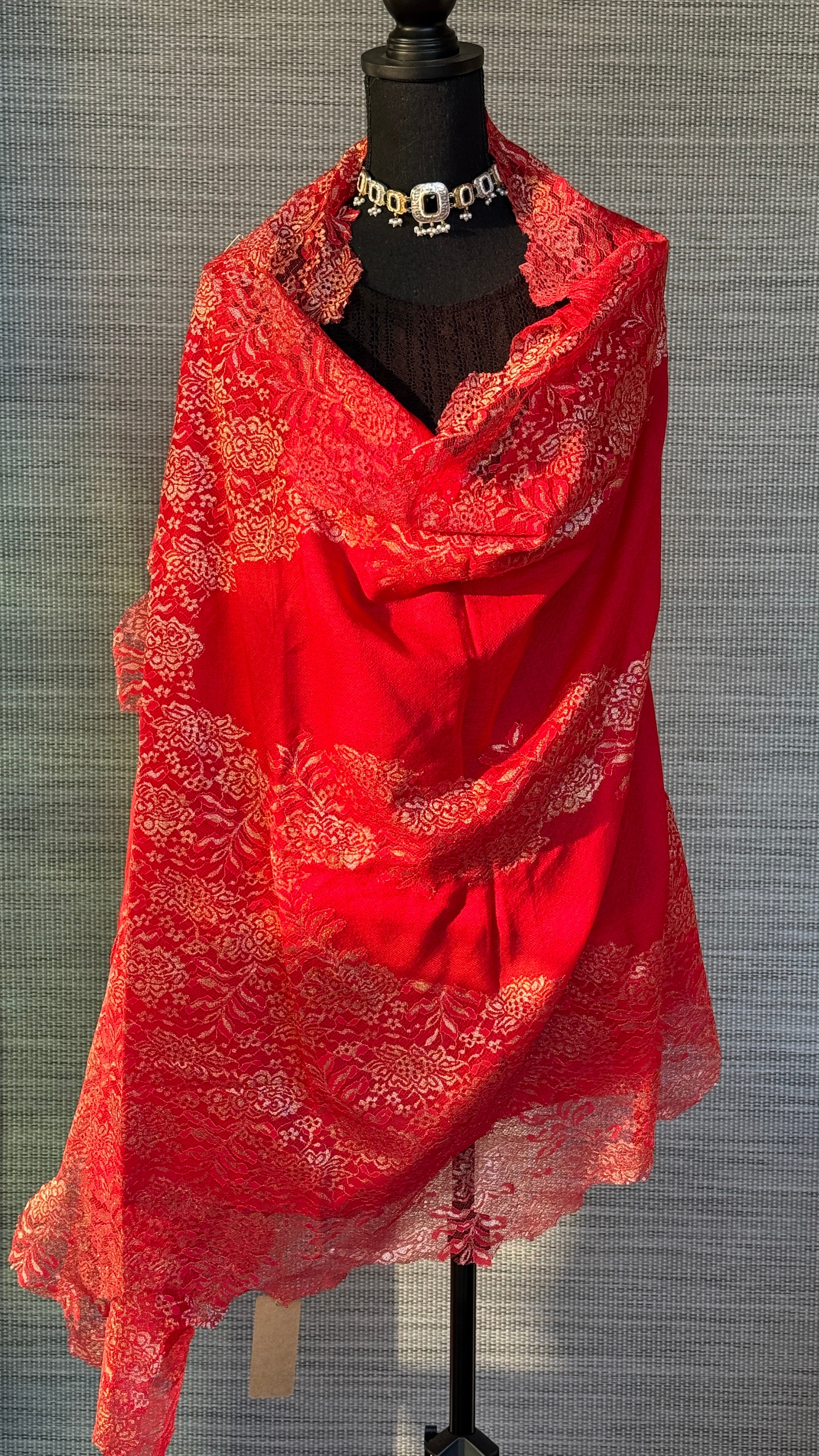 Pure Pashmina Lace Stole - Red
