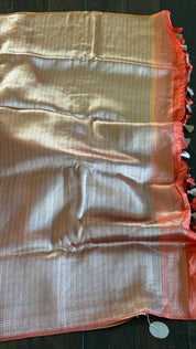 Designer Soft Silk Brocade Banarasi - Peach Pink Golden Tie-Dye