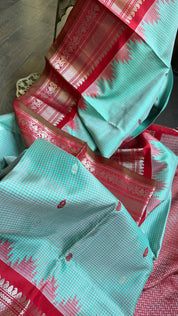 Pure Silk Gadwal - Light Blue Red Checkered