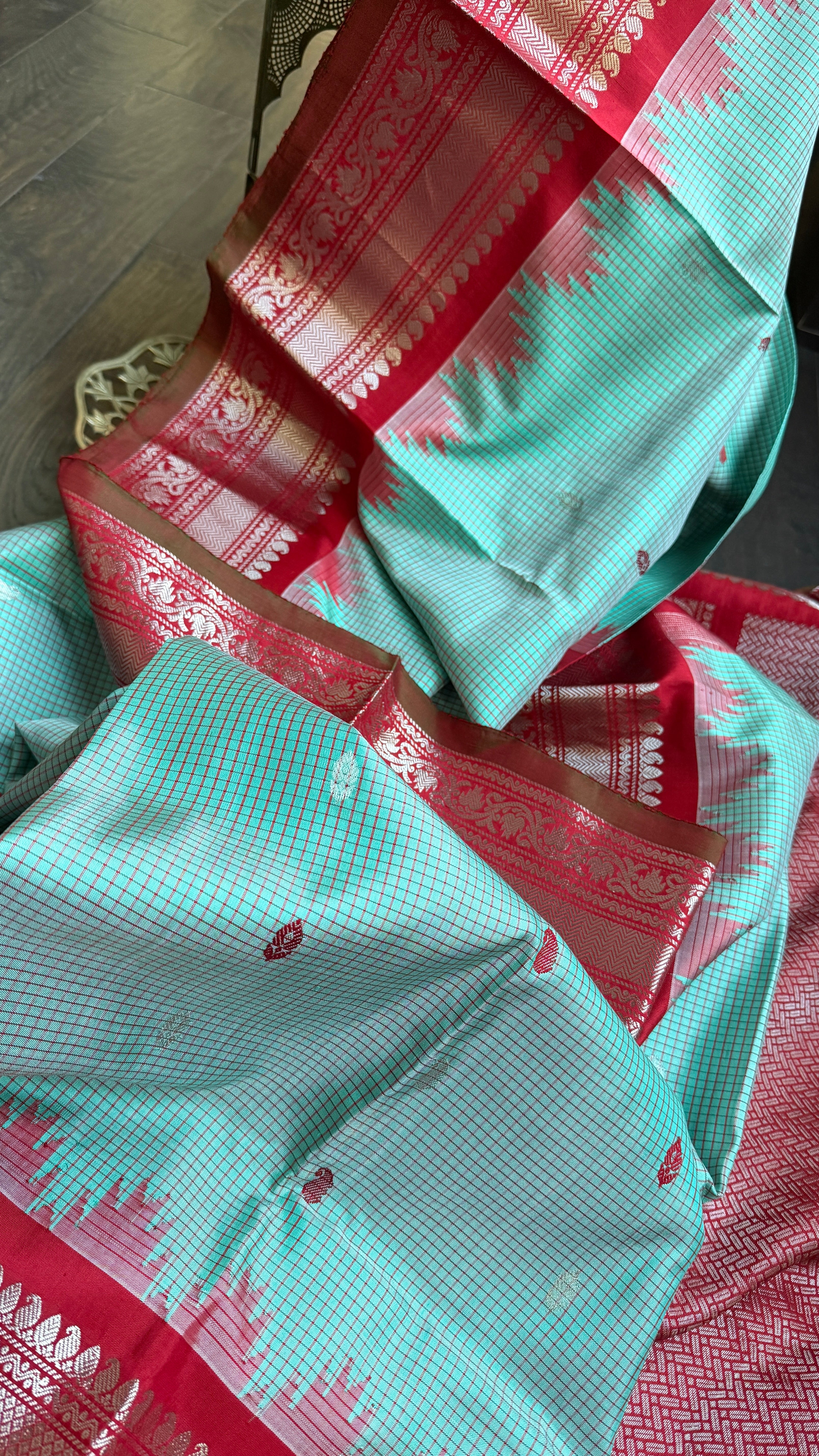 Pure Silk Gadwal - Light Blue Red Checkered