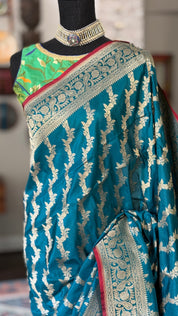 Katan Silk Leheriya Banarasi - Teal Blue Antique Zari