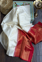 Pure Silk Borderless Kanjivaram - Off White Red Woven