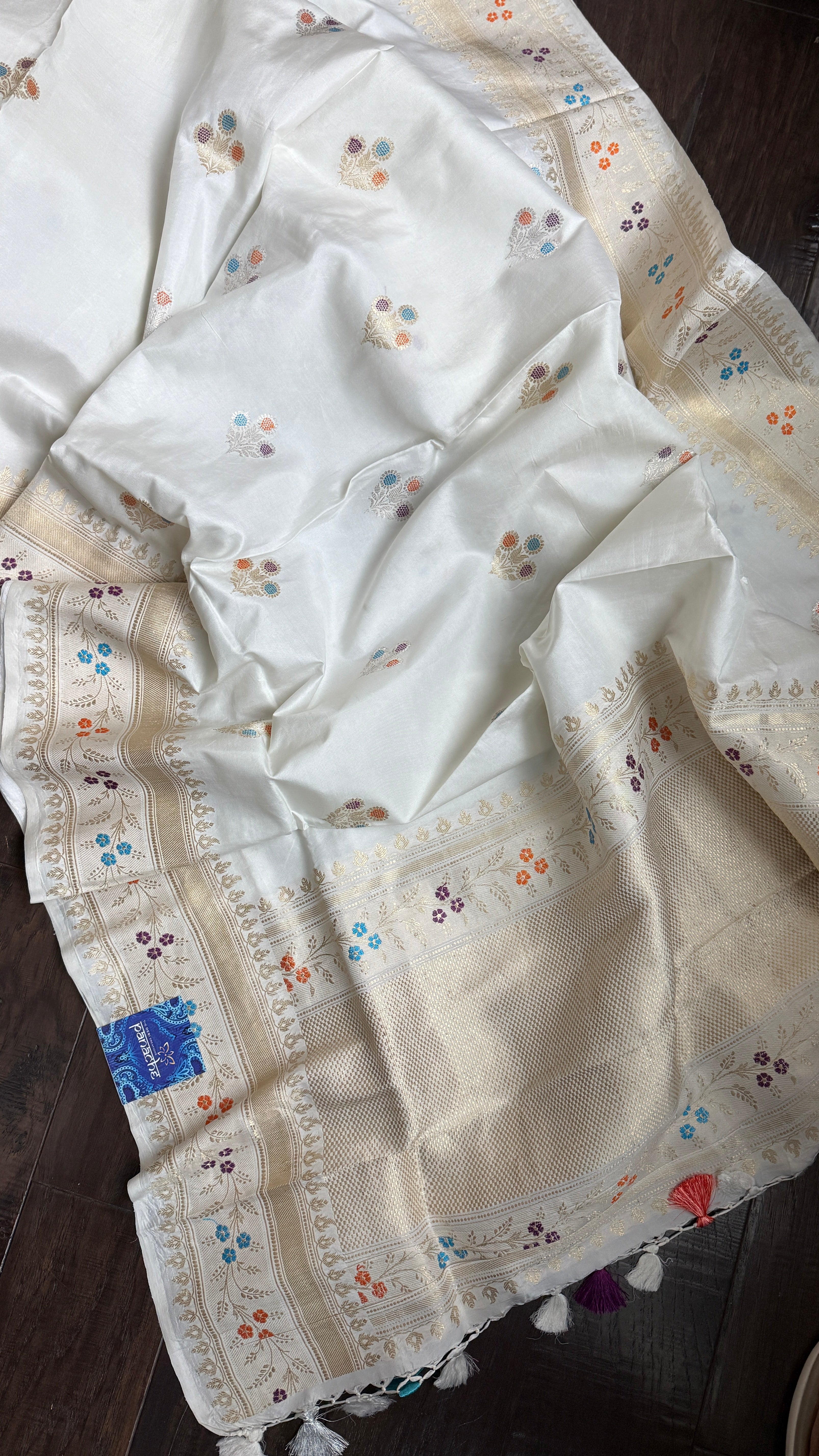 Pure Katan Silk Kadhua Banarasi - White antique Zari
