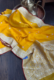 Khaddi Georgette Banarasi - Yellow Red Khadhua Woven