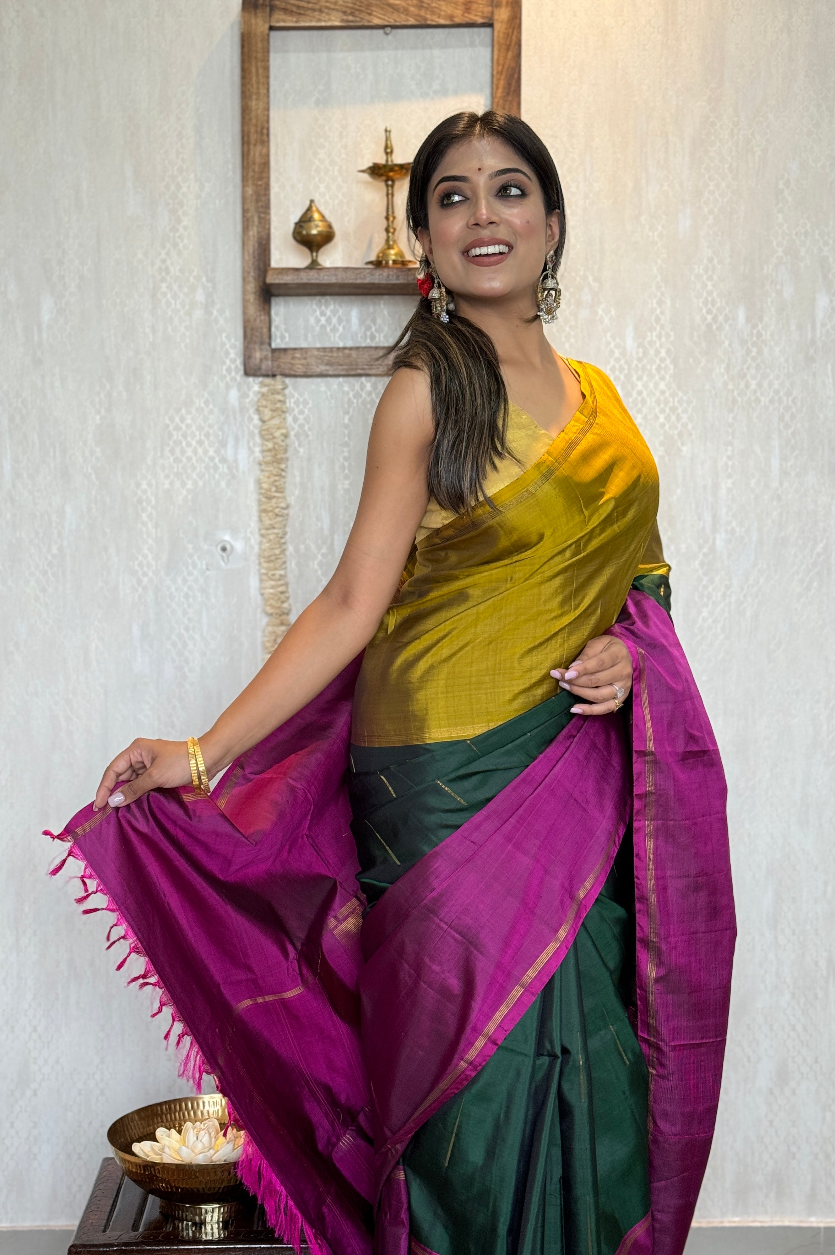 Pure Silk Mubbagam Kanjivaram - Golden Yellow Magenta Green Woven