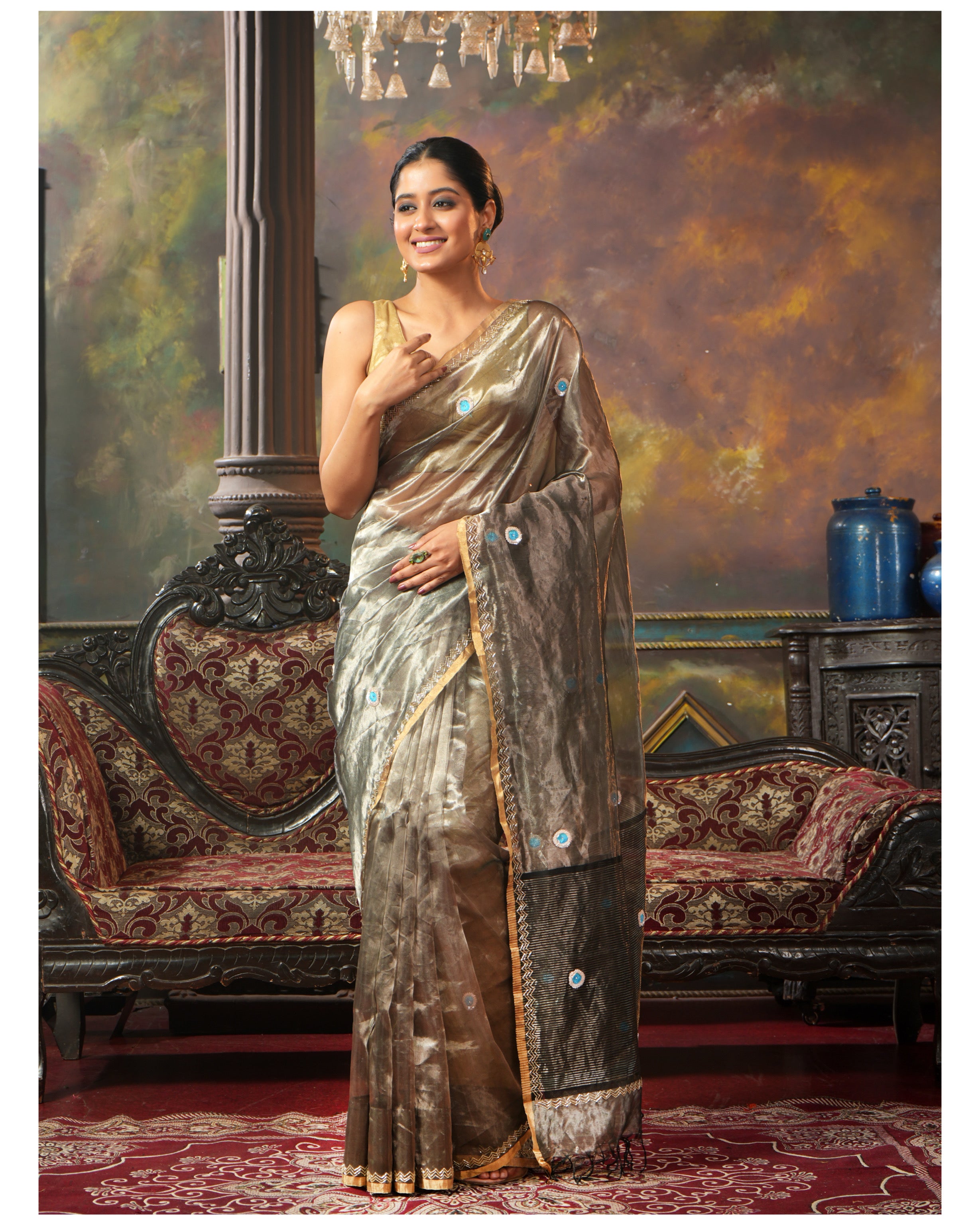 Pure Chanderi Tissue Silk - Grey Hand Zardozi