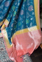 Khaddi Tussar Paithani Banarasi -  Teal Blue Multi Meenakari
