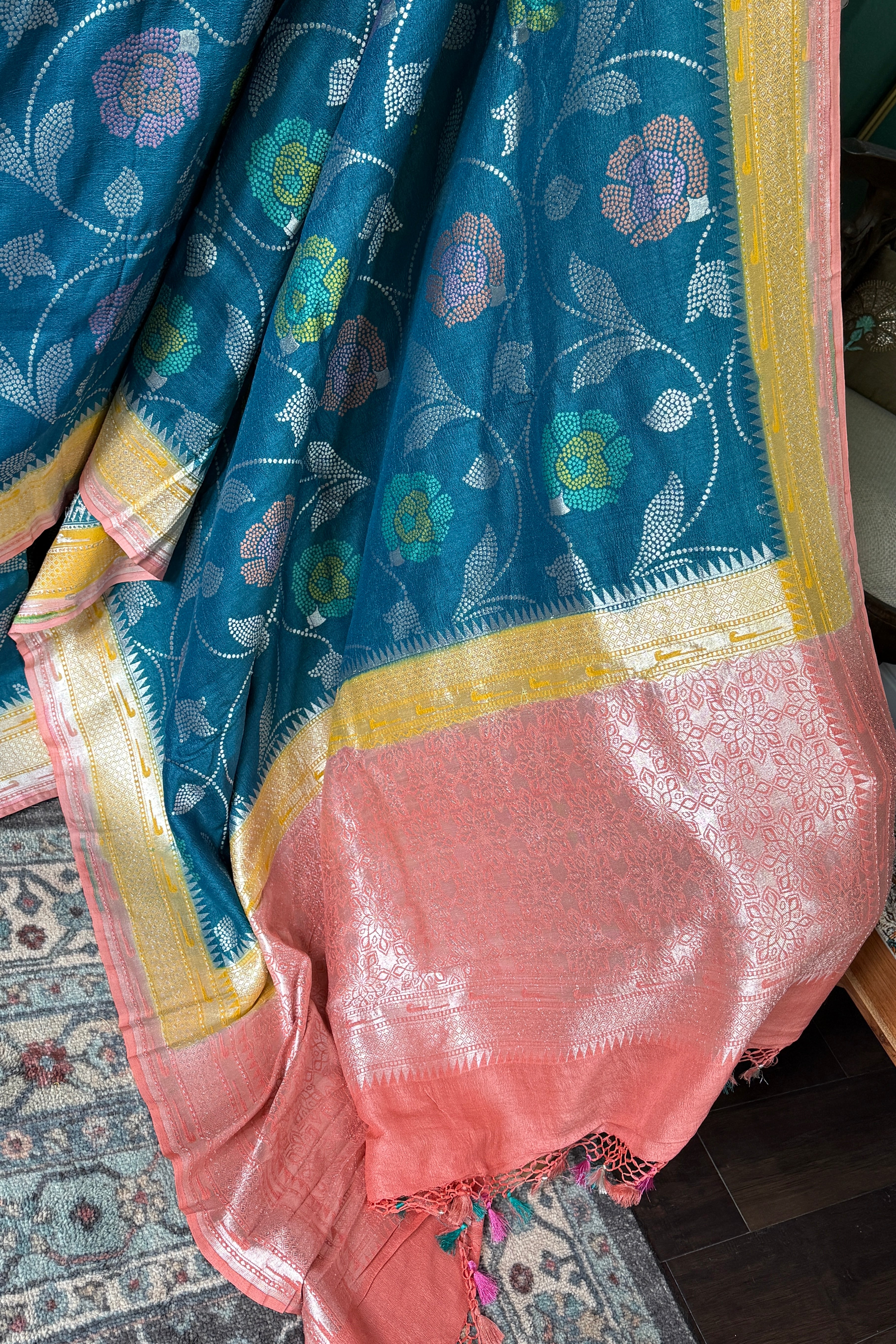 Khaddi Tussar Paithani Banarasi -  Teal Blue Multi Meenakari