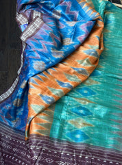 Gopalpur Tussar Silk Ikat - Sea green Plum Orange