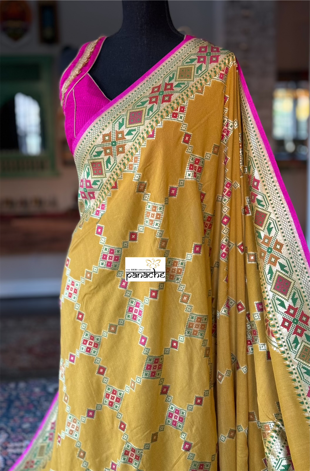 Khaddi Muga Silk Tilfi Banarasi - Yellow Pink Woven