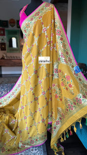 Khaddi Muga Silk Tilfi Banarasi - Yellow Pink Woven