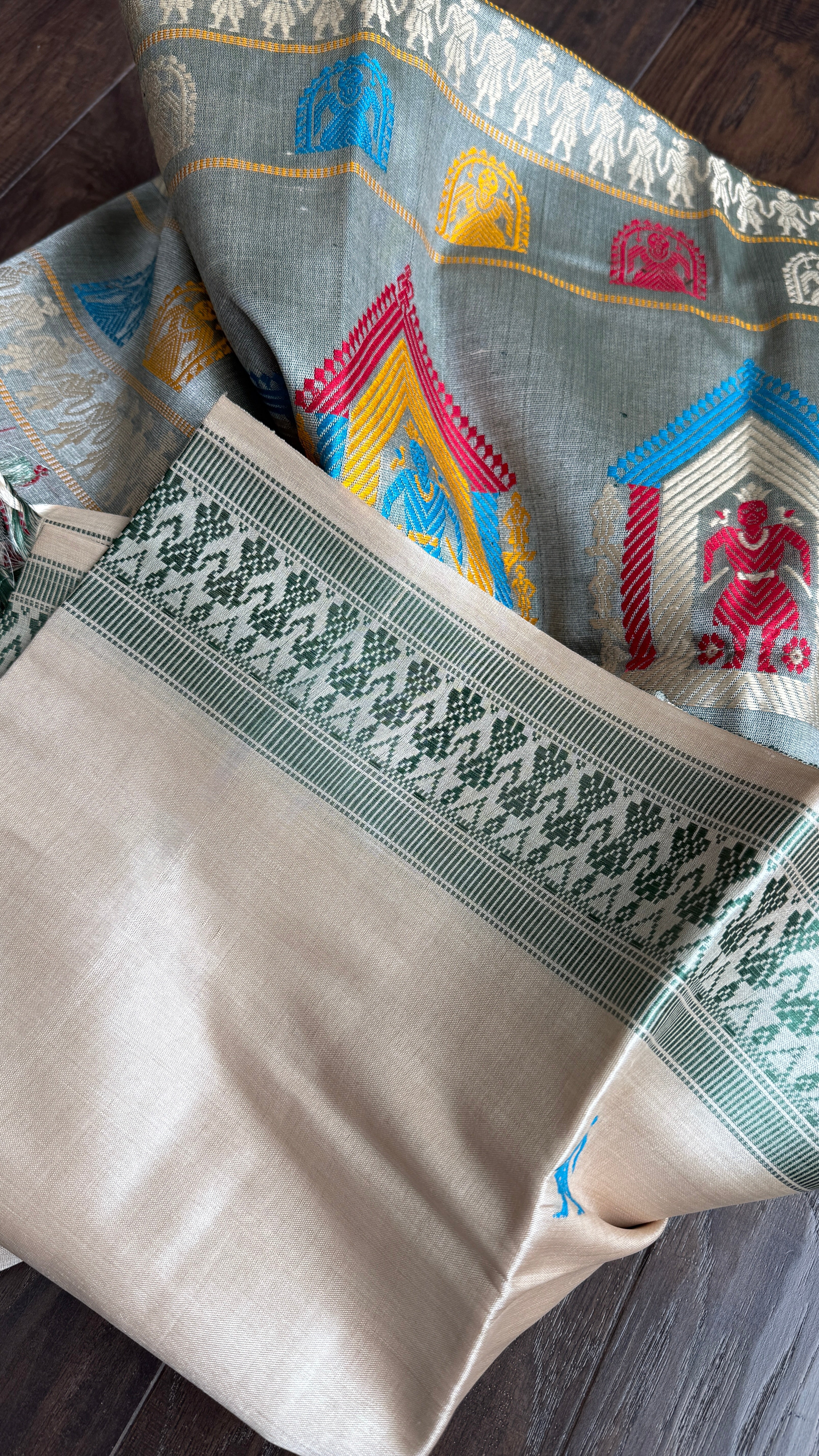 Pure Tussar Silk - Tan Beige Green Dolabedi