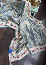 Designer Tissue Silk Paithani - Mettalic Grey Blue Embroidered