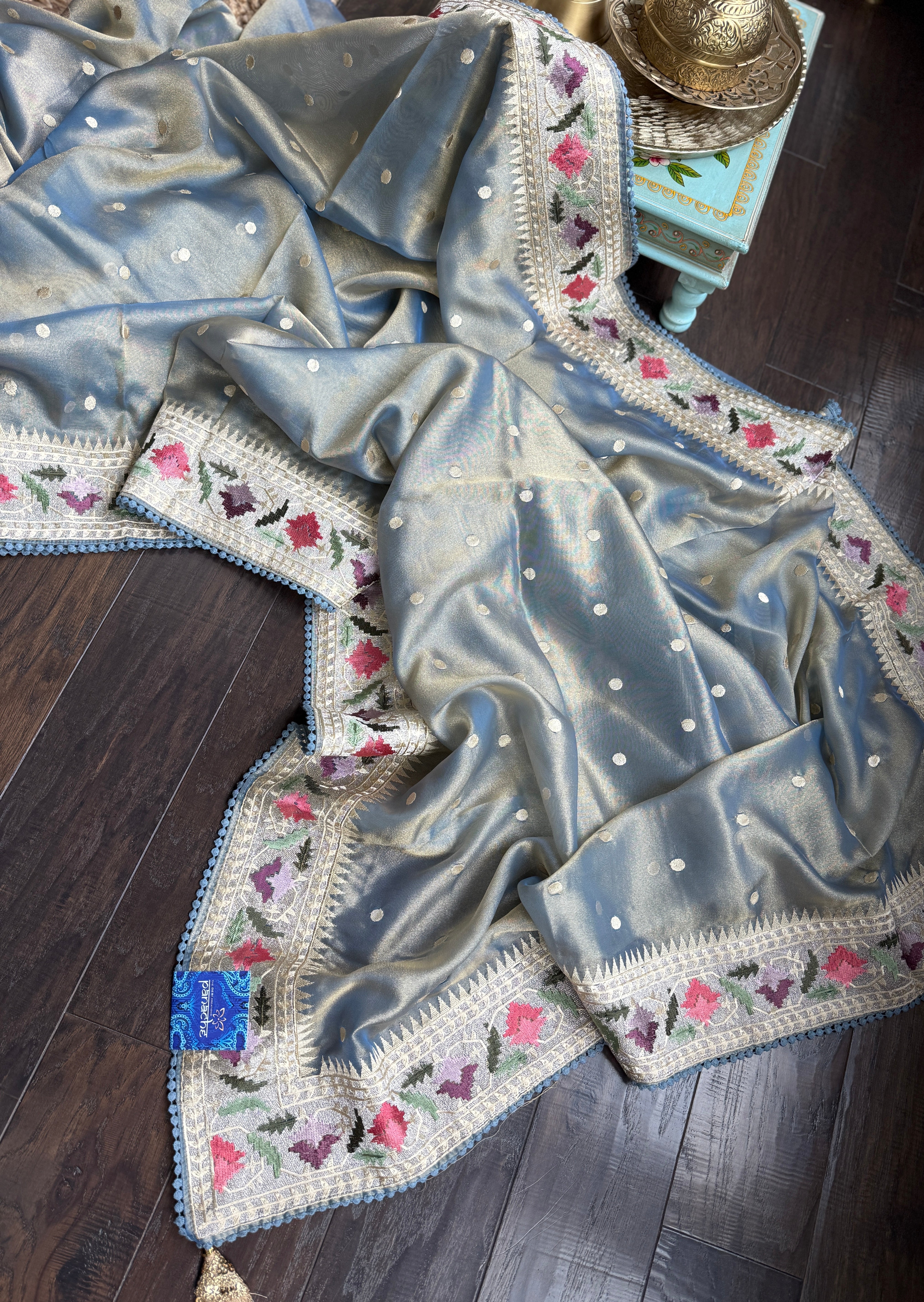 Designer Tissue Silk Paithani - Mettalic Grey Blue Embroidered
