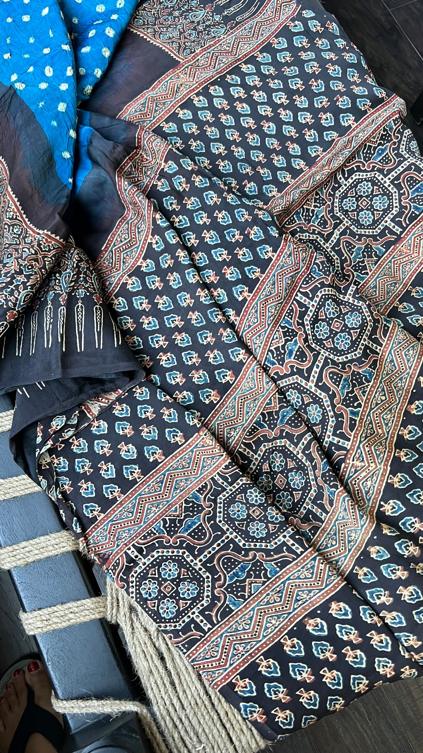 Modal Silk Bandhej Ajrakh - Firozi Blue Black